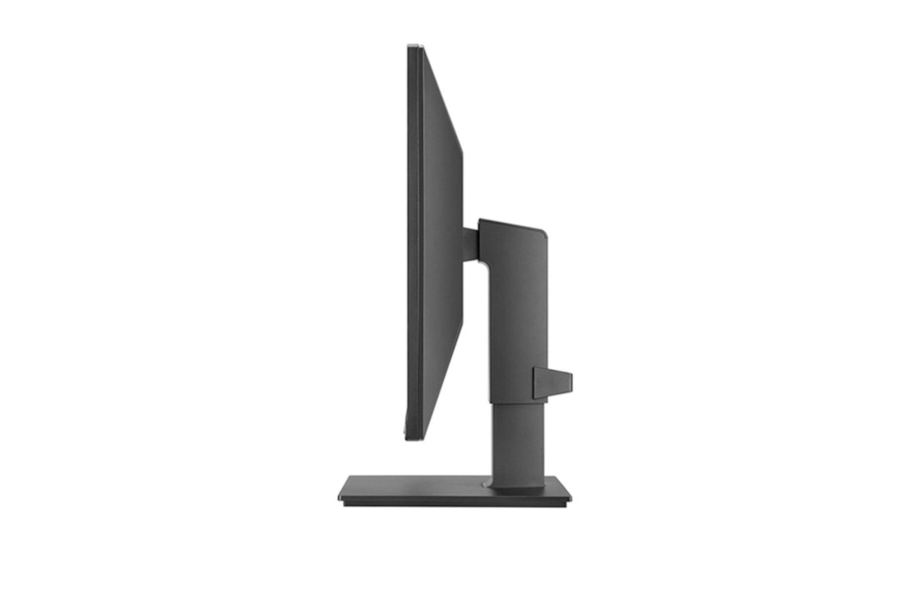 Vista laterale di un monitor grigio scuro con supporto nero su sfondo bianco.