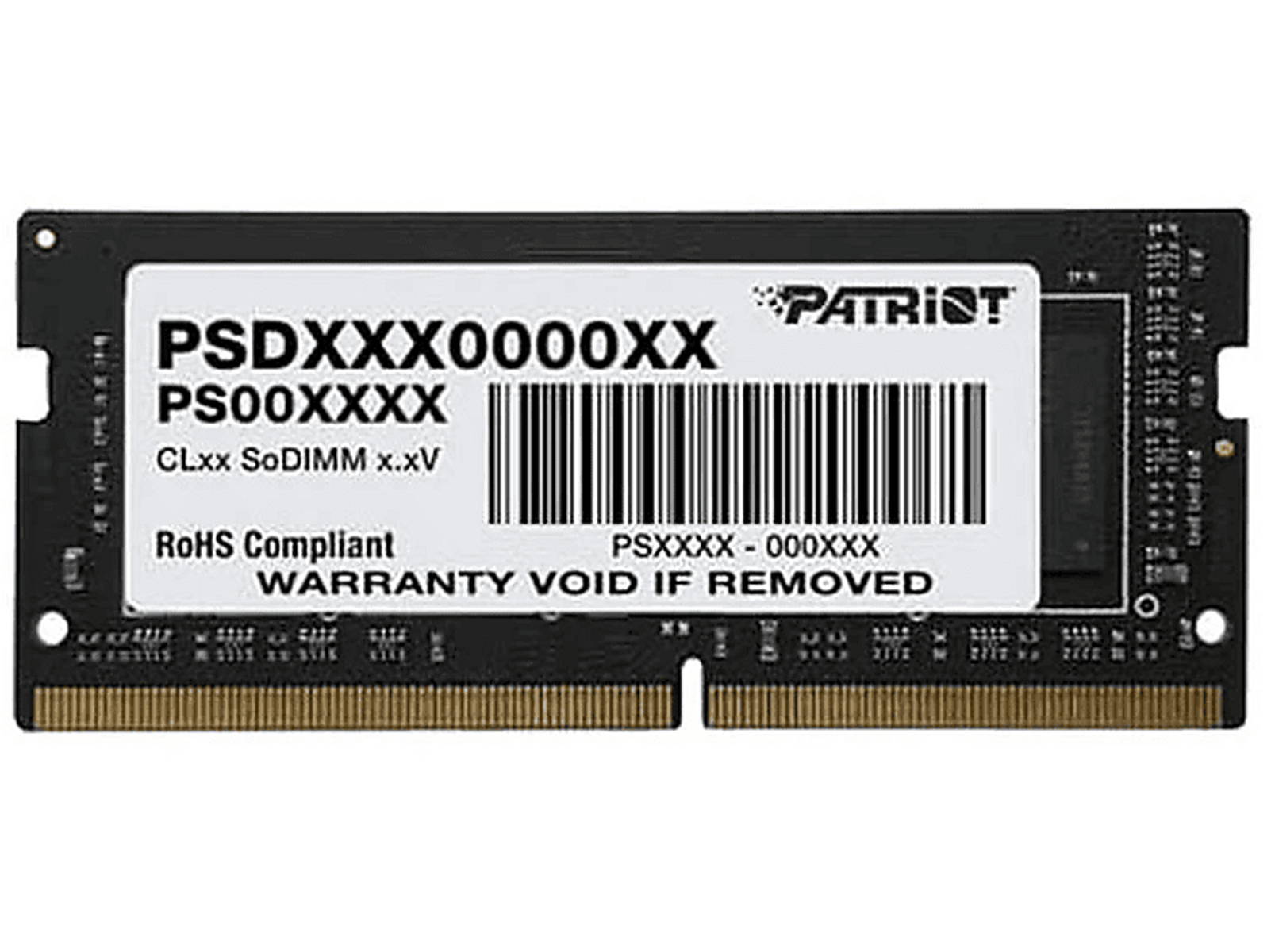 Kość pamięci Patriot RAM z etykietami. Etykieta zawiera informacje o produkcie i szczegóły gwarancji.