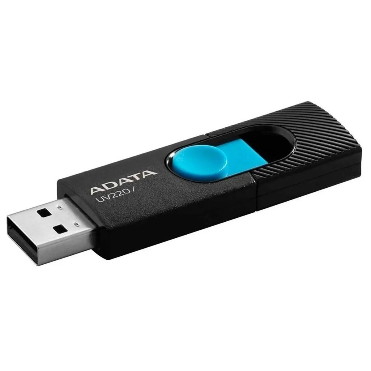 Czarny pendrive USB z niebieskim przyciskiem. Marka 'ADATA' jest na nim wydrukowana. Dysk jest czarny i niebieski.