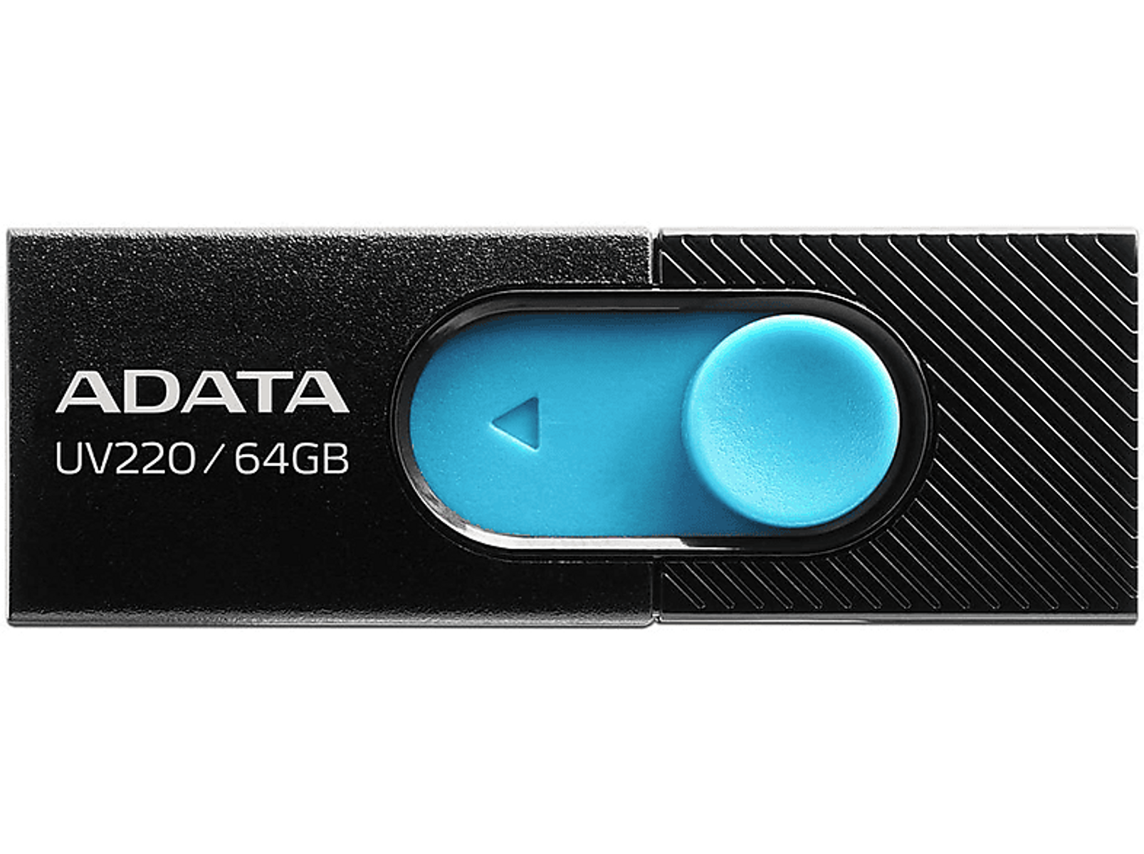 Czarny i niebieski pendrive ADATA. Z niebieskim suwakiem i widoczną nazwą marki.