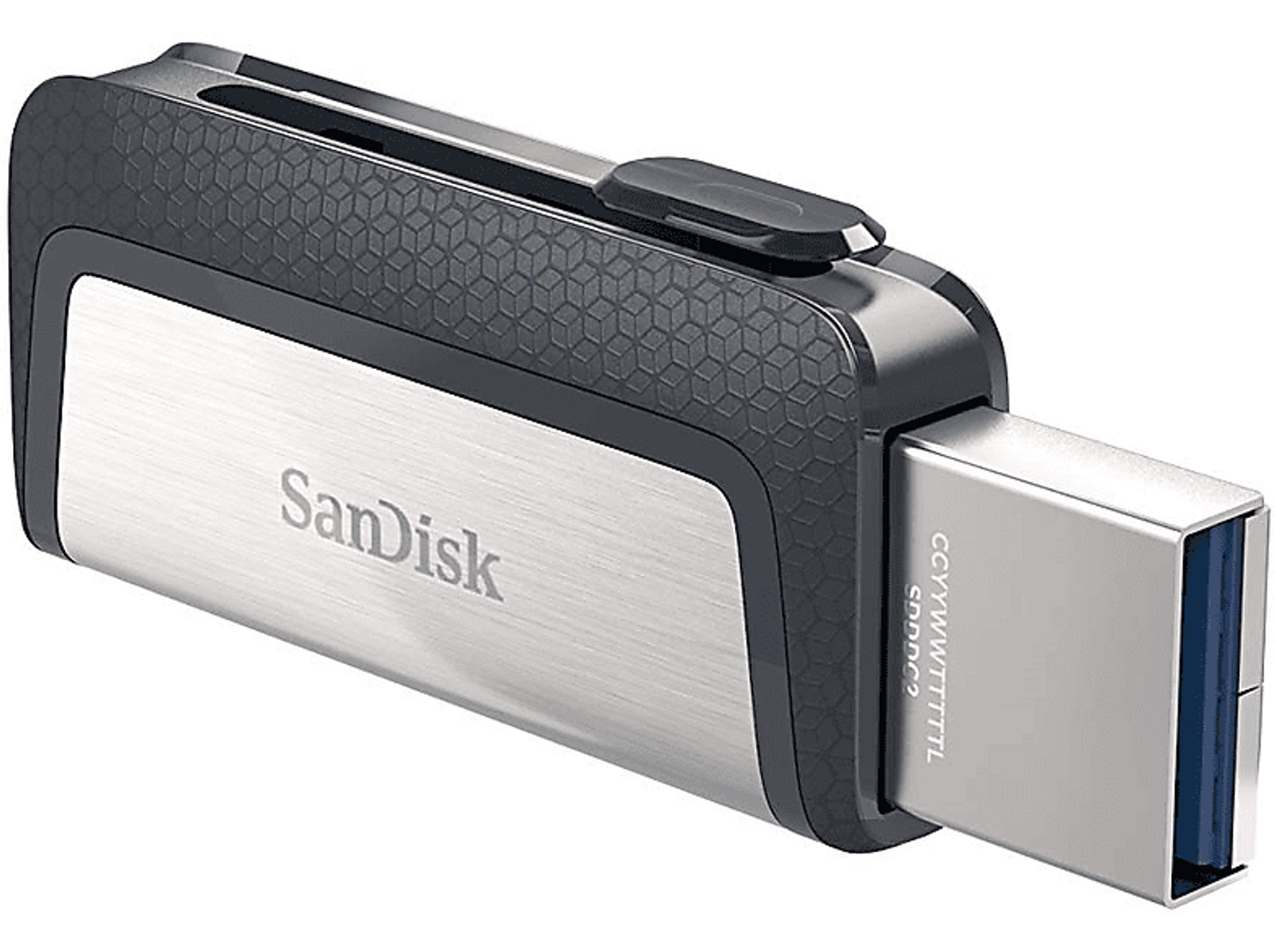 Silver and black SanDisk USB drive. The USB connector is visible. Hexagonal design.