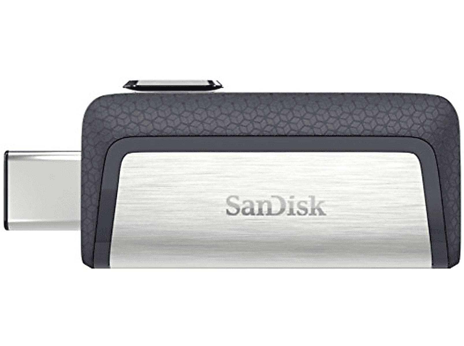 Sandisk USB drive. Silver and black. Modern design. Dark background.