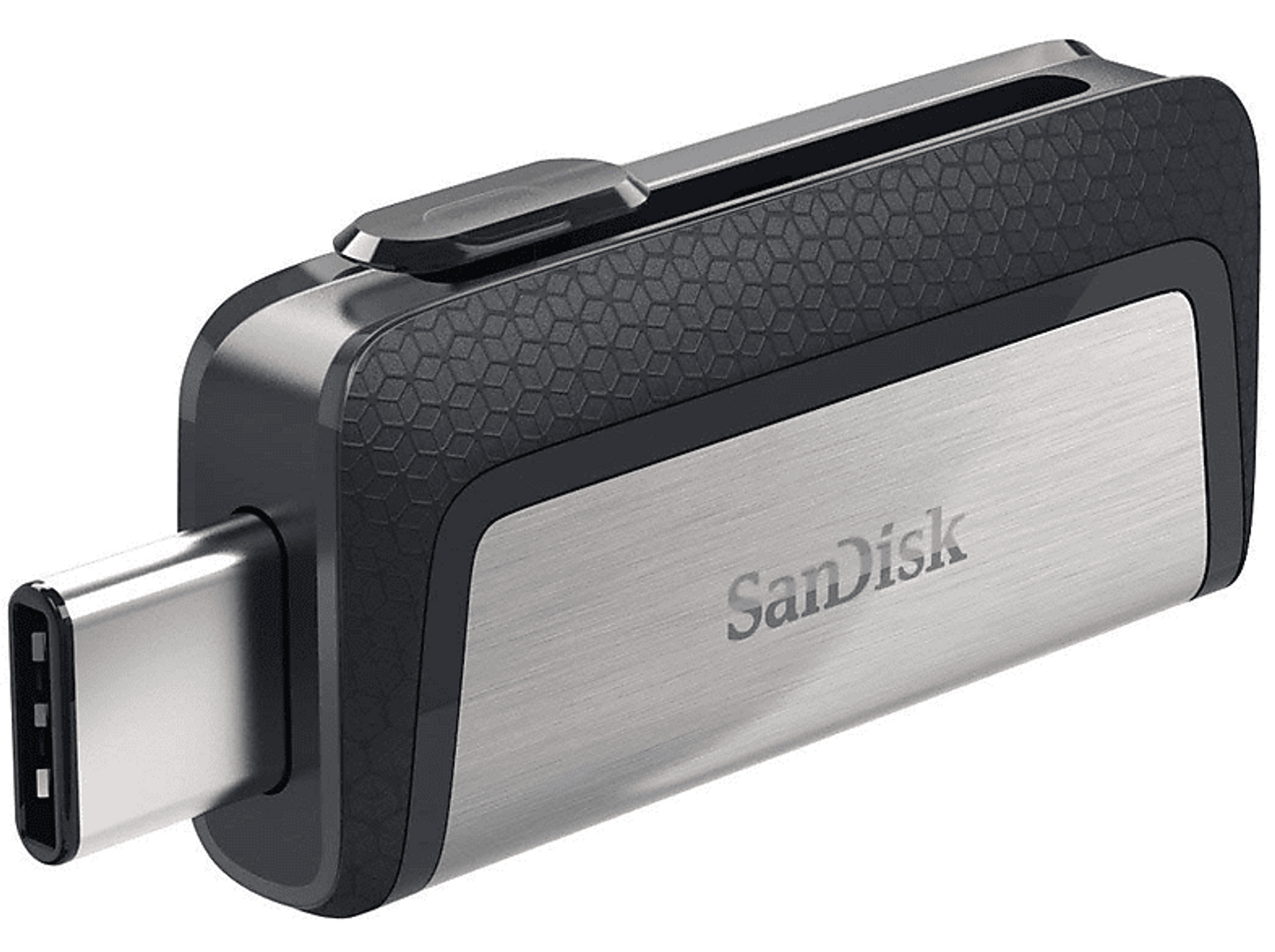 A silver and black Sandisk USB-C flash drive. It has a metallic silver body and a black plastic end.