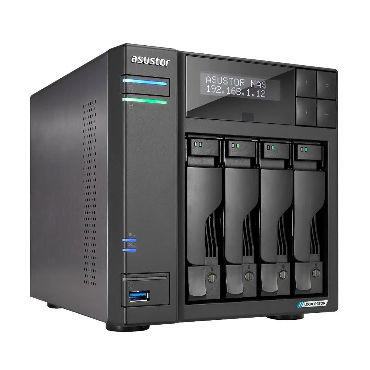 Server NAS ASUSTOR nero. Vista frontale con quattro alloggiamenti per unità. Il display mostra 'ASUSTOR NAS 192.168.1.12'.