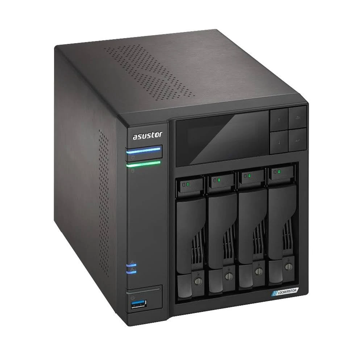 Server NAS ASUSTOR nero. Vista frontale angolata con quattro alloggiamenti per unità. Il display mostra 'ASUSTOR NAS 192.168.1.12'.