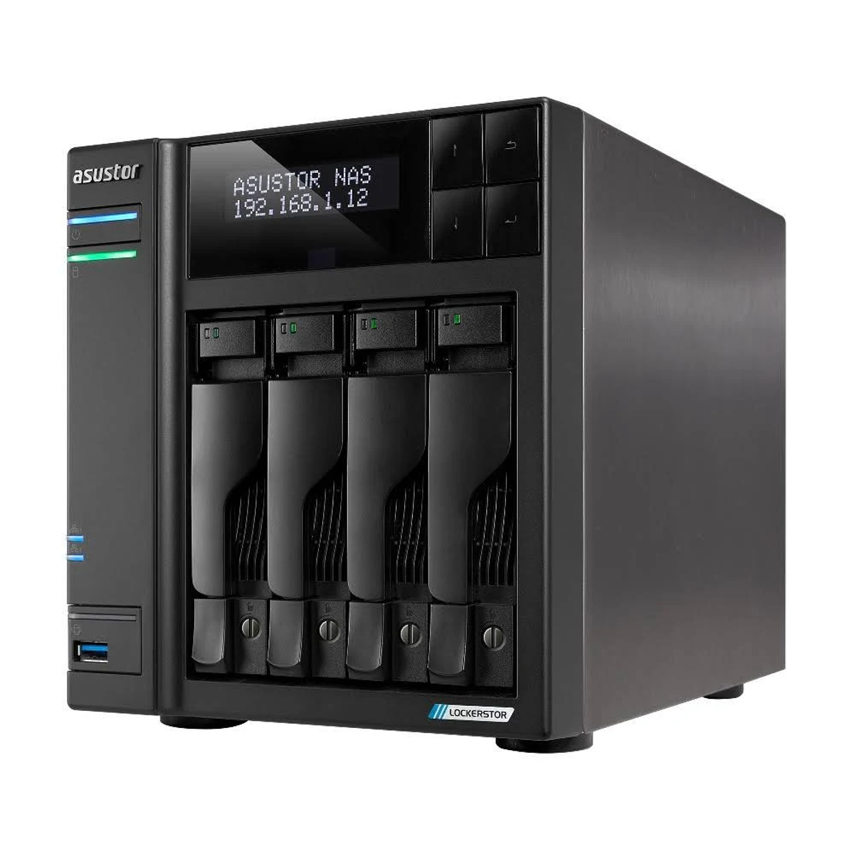 Server NAS ASUSTOR nero, vista a tre quarti. Quattro alloggiamenti per unità e il display mostra 'ASUSTOR NAS 192.168.1.12'.