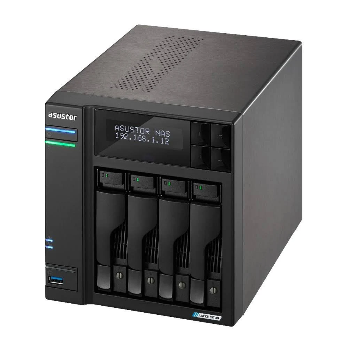 Server NAS ASUSTOR nero, vista angolata. Quattro alloggiamenti per unità e il display mostra 'ASUSTOR NAS 192.168.1.12'.