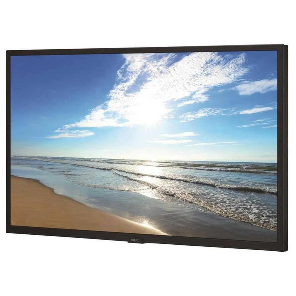 Una pantalla grande que muestra una escena de playa. Cielo azul con nubes, océano y arena visibles.