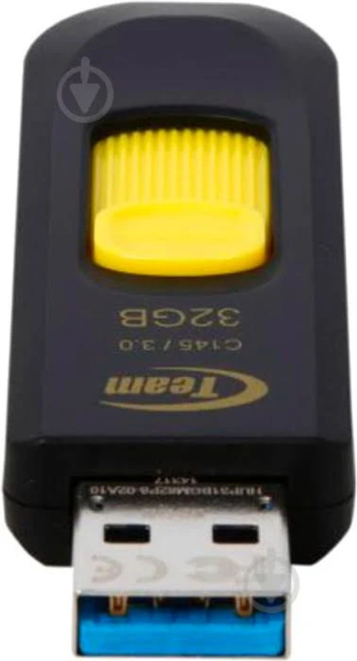 Czarny i żółty pendrive USB z etykietą "32GB", na białym tle.