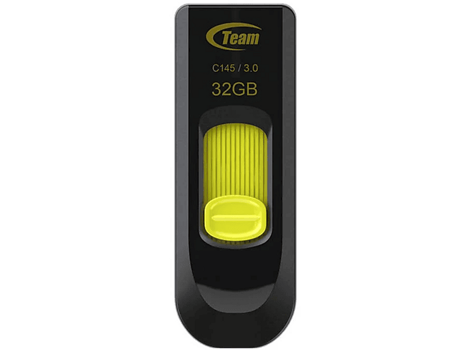 Czarny i żółty napęd flash USB. Pokazuje logo Team i pojemność 32 GB.