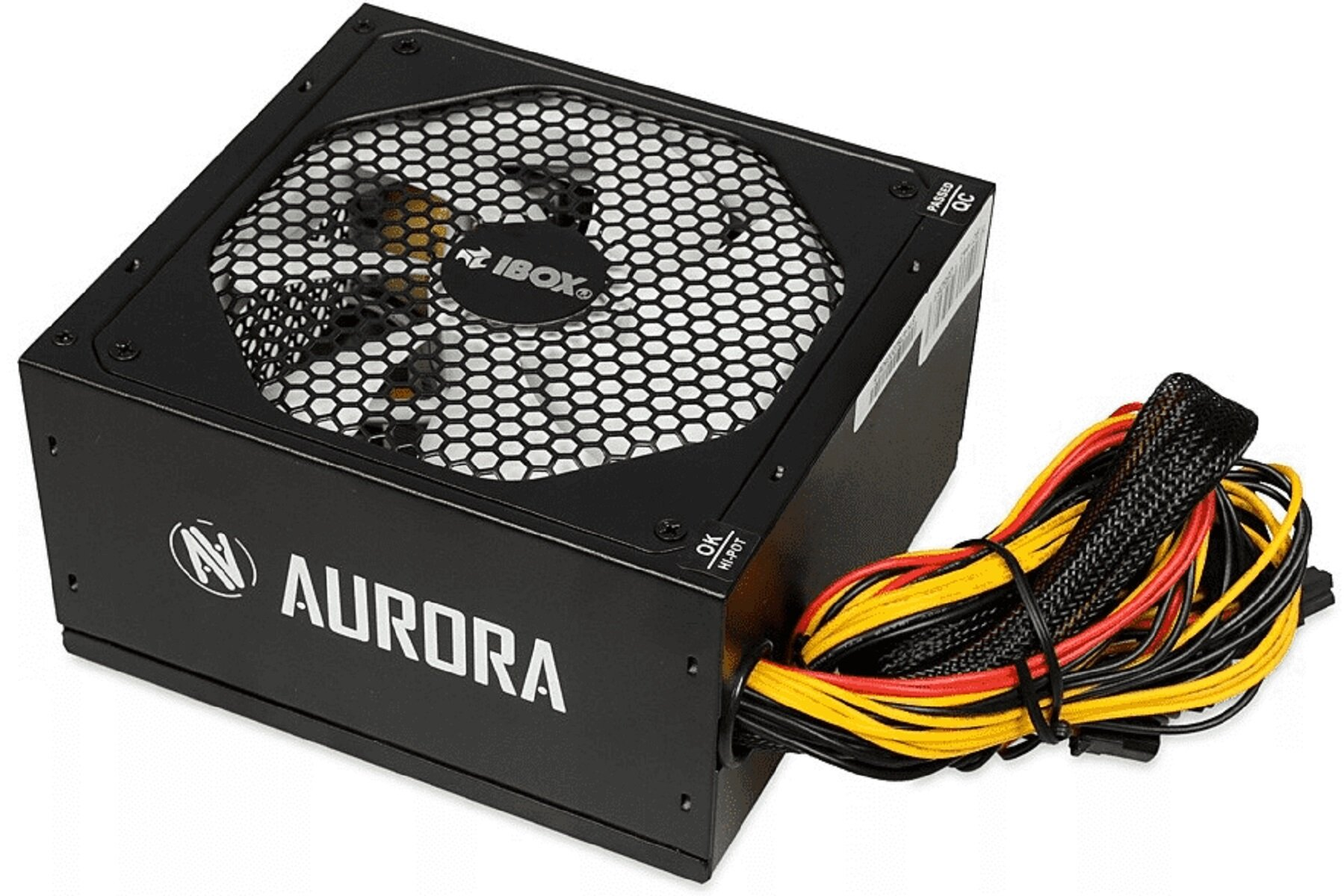 Czarny zasilacz Aurora na białym tle. Posiada wentylator i złącza kablowe.