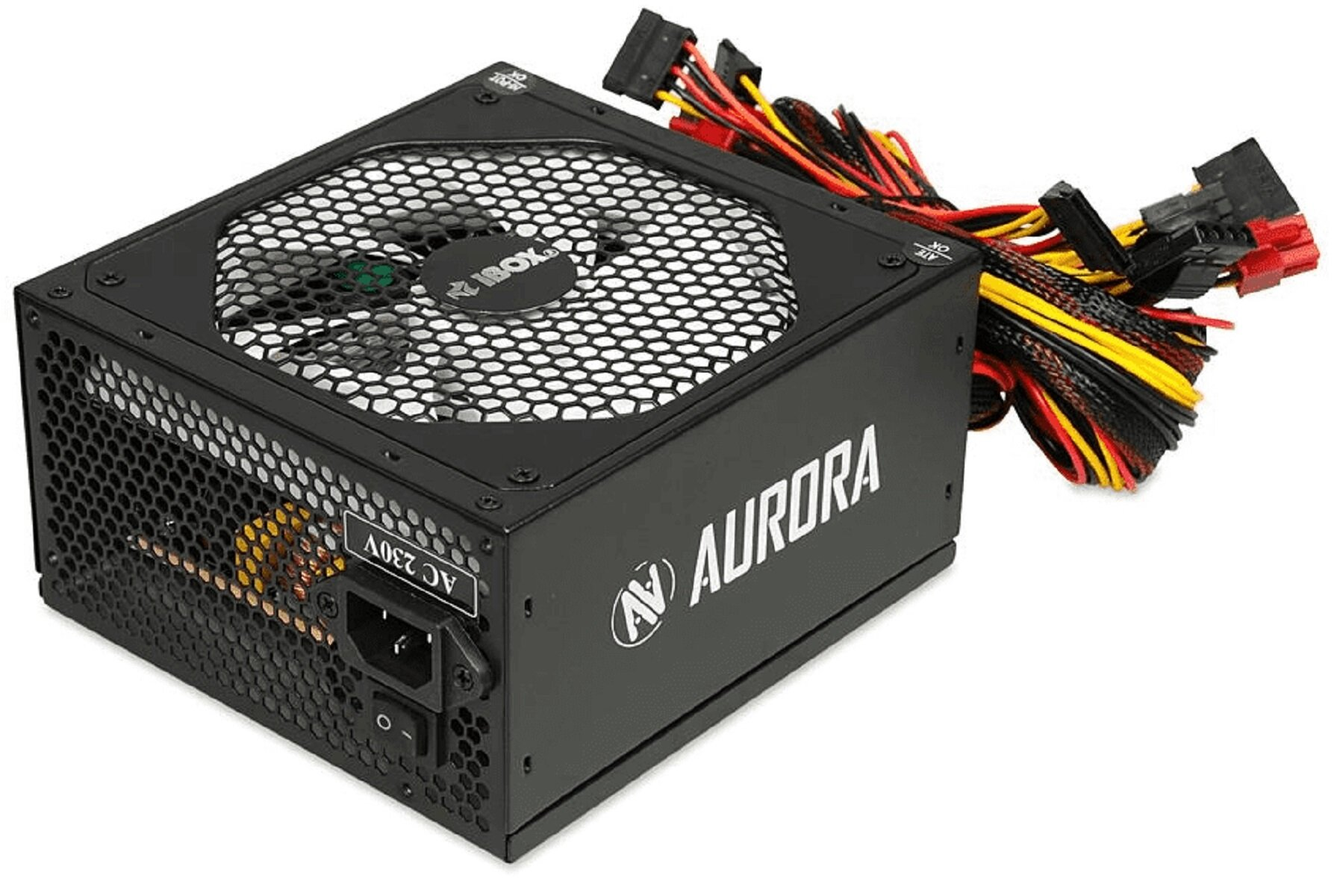 Czarny zasilacz. Posiada kratkę wentylatora, złącze zasilania i kable. Marka to 'iBOX AURORA'.