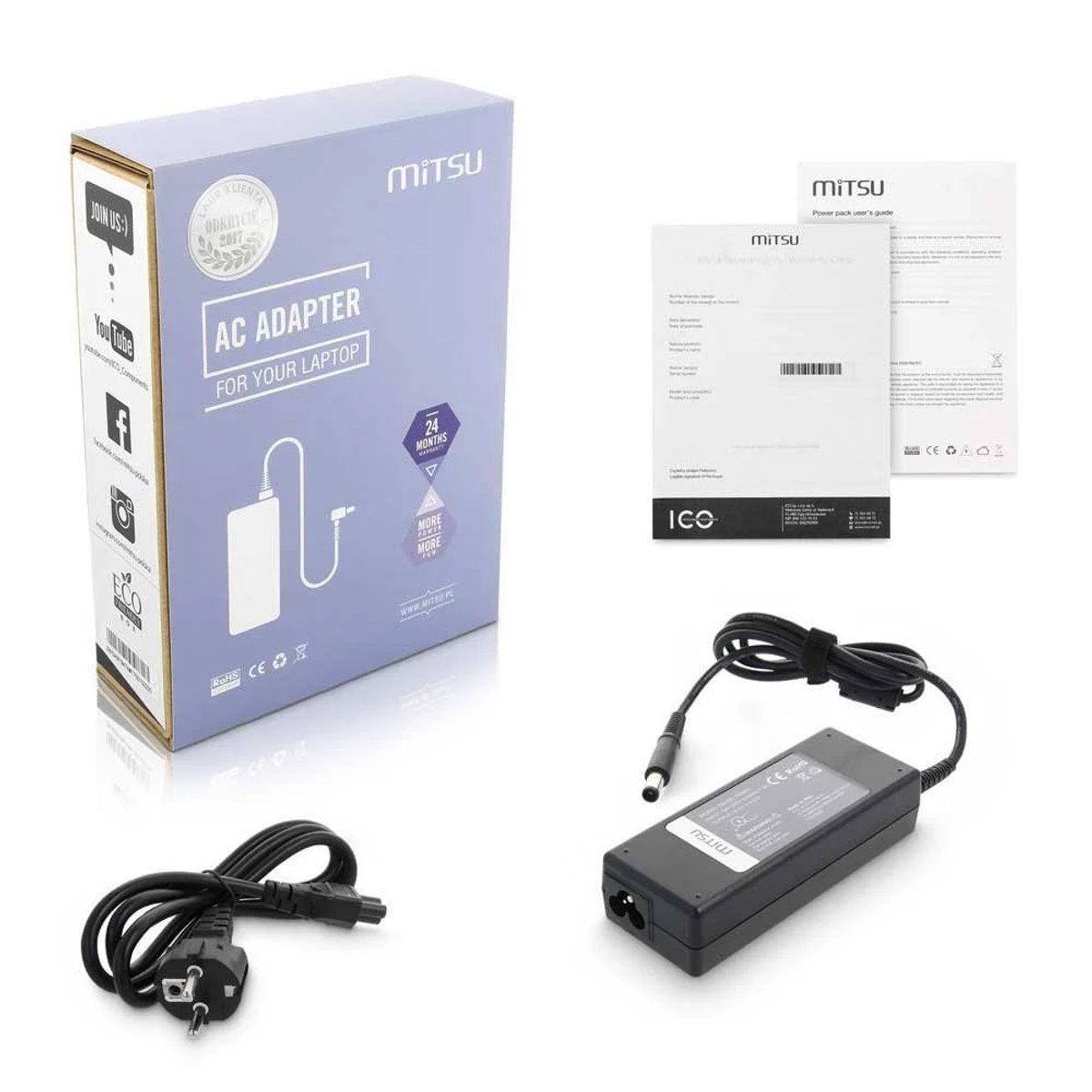 Laptop-Netzteil-Kit, Karton, Netzkabel und Adapter liegen auf weißem Untergrund.