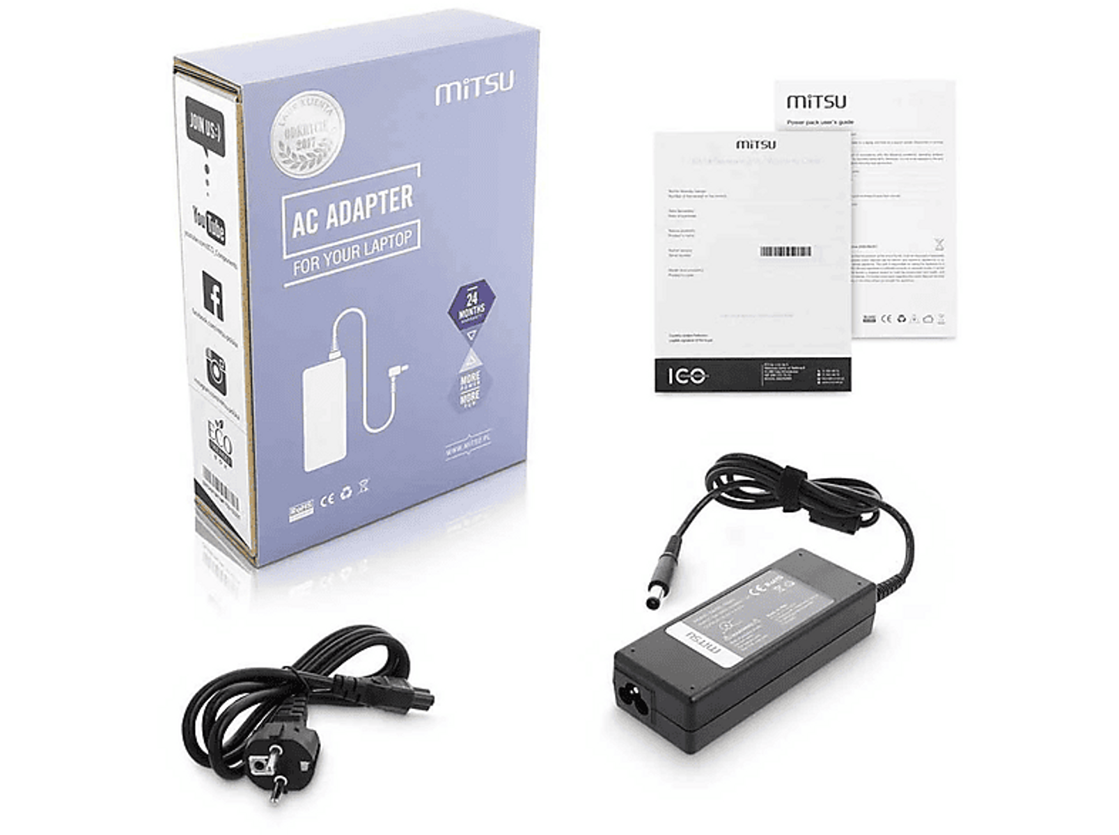 Ein AC-Adapter für einen Laptop, mit einer Box, Papieren und Kabeln. Die Box zeigt den Markennamen und einen weißen Adapter.