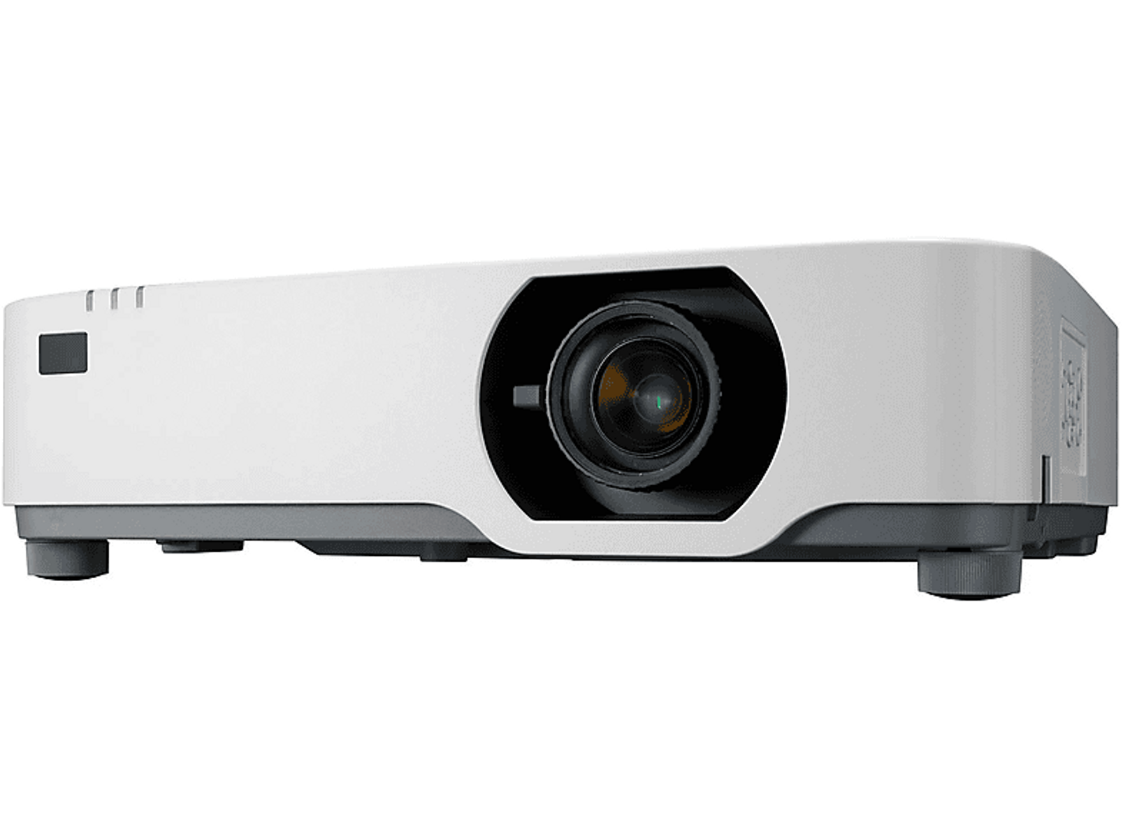 Biały projektor z dużym obiektywem na czarnym tle.