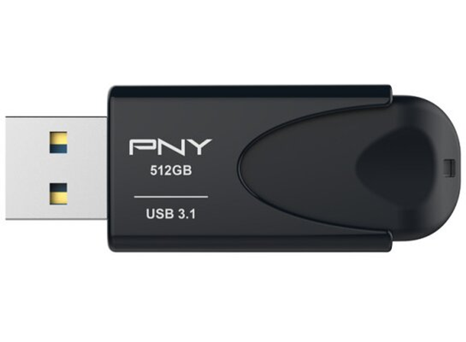 Czarny pendrive PNY USB 3.1. Zawiera oznaczenia PNY i 512GB. Prostokątny kształt z zaokrąglonymi krawędziami.