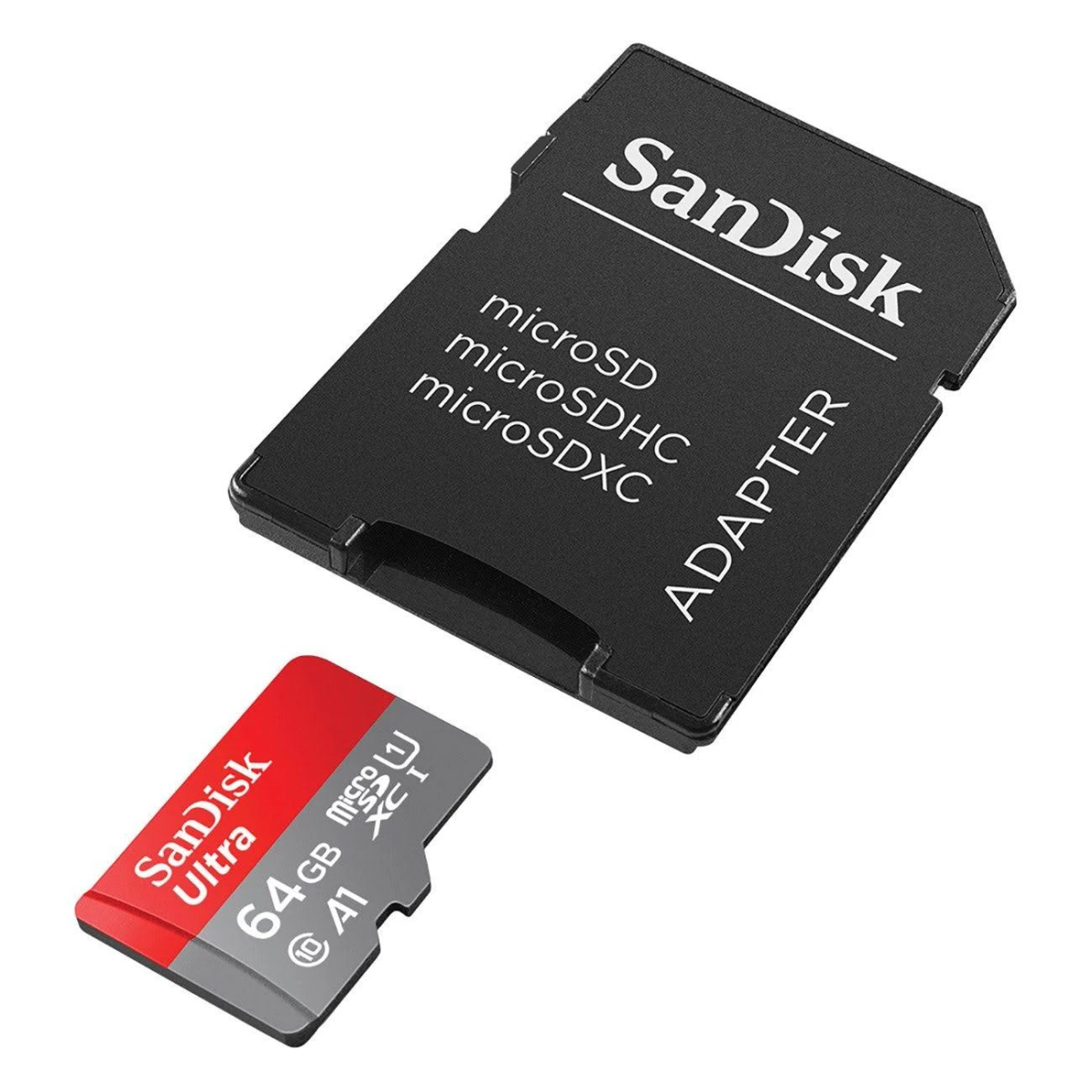 SanDisk Micro-SD-Karte und Adapter. Rote und graue 64GB Karte neben schwarzem Adapter.