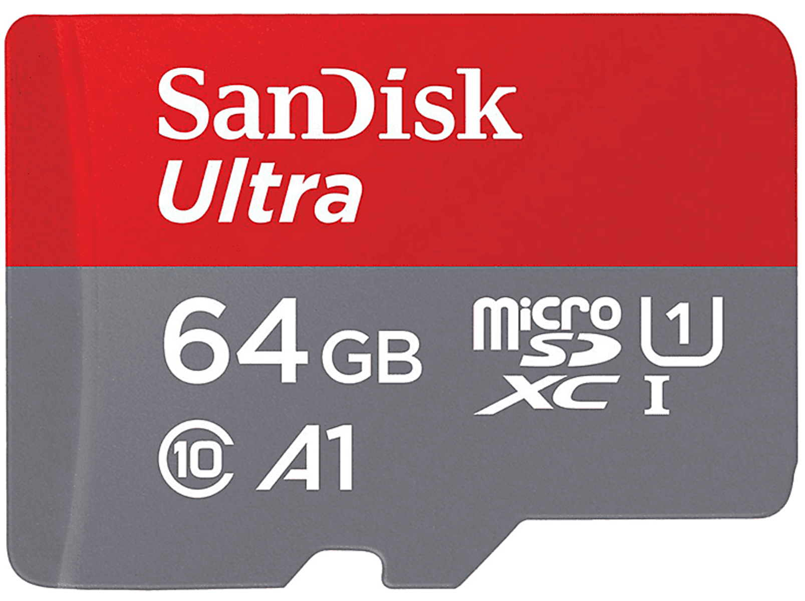 Grau-rote SanDisk Ultra microSD-Karte mit '64GB' und 'A1' Beschriftung.