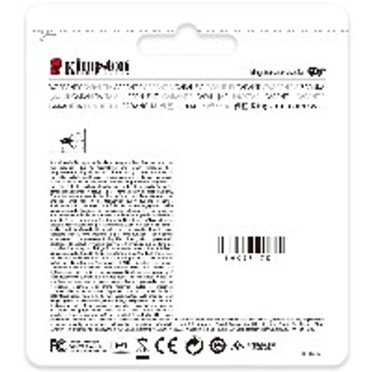 Embalaje blanco. Contiene texto, un código de barras y el logotipo de Kingston. Parte trasera del producto.