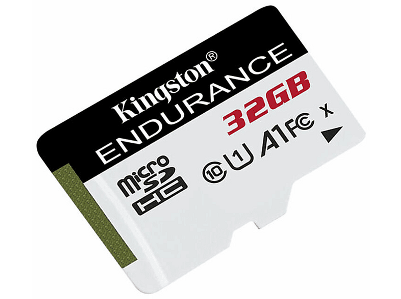 MicroSD-Karte, Kingston Endurance 32GB, weiß und schwarz mit grünem Eck.