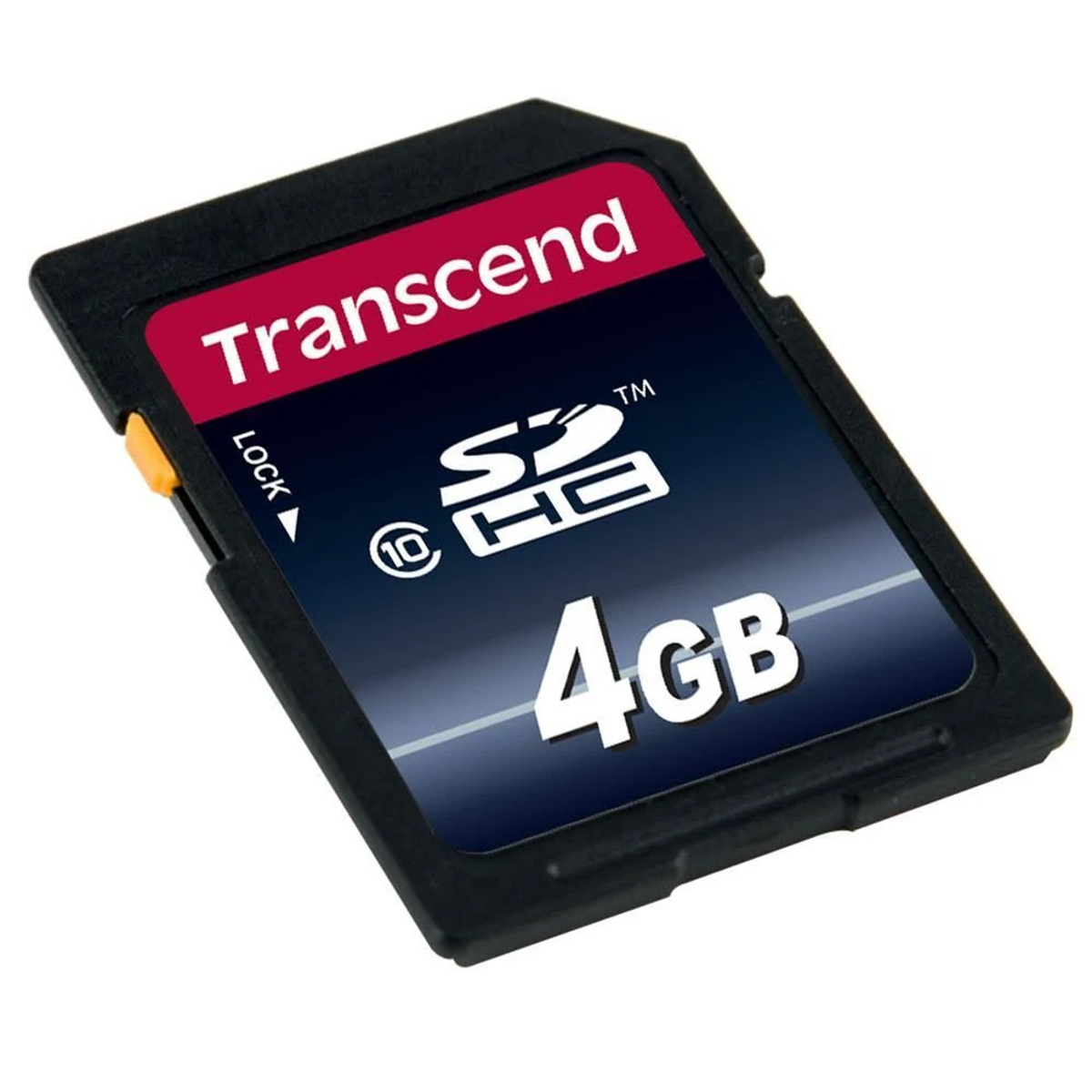 Eine schwarze und rote Transcend 4GB SD-Karte ist abgebildet, gekennzeichnet mit dem Transcend-Logo und dem SDHC-Symbol.
