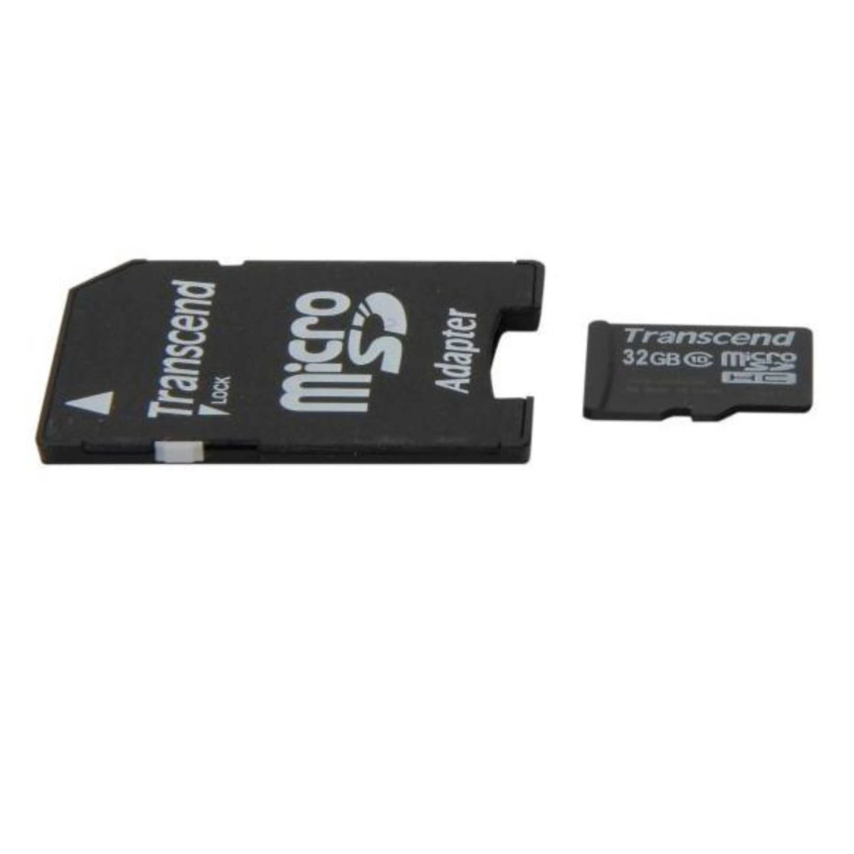 Schwarze Transcend Micro-SD-Karte in einem Adapter, neben einer separaten Micro-SD-Karte. Beide sind schwarz.