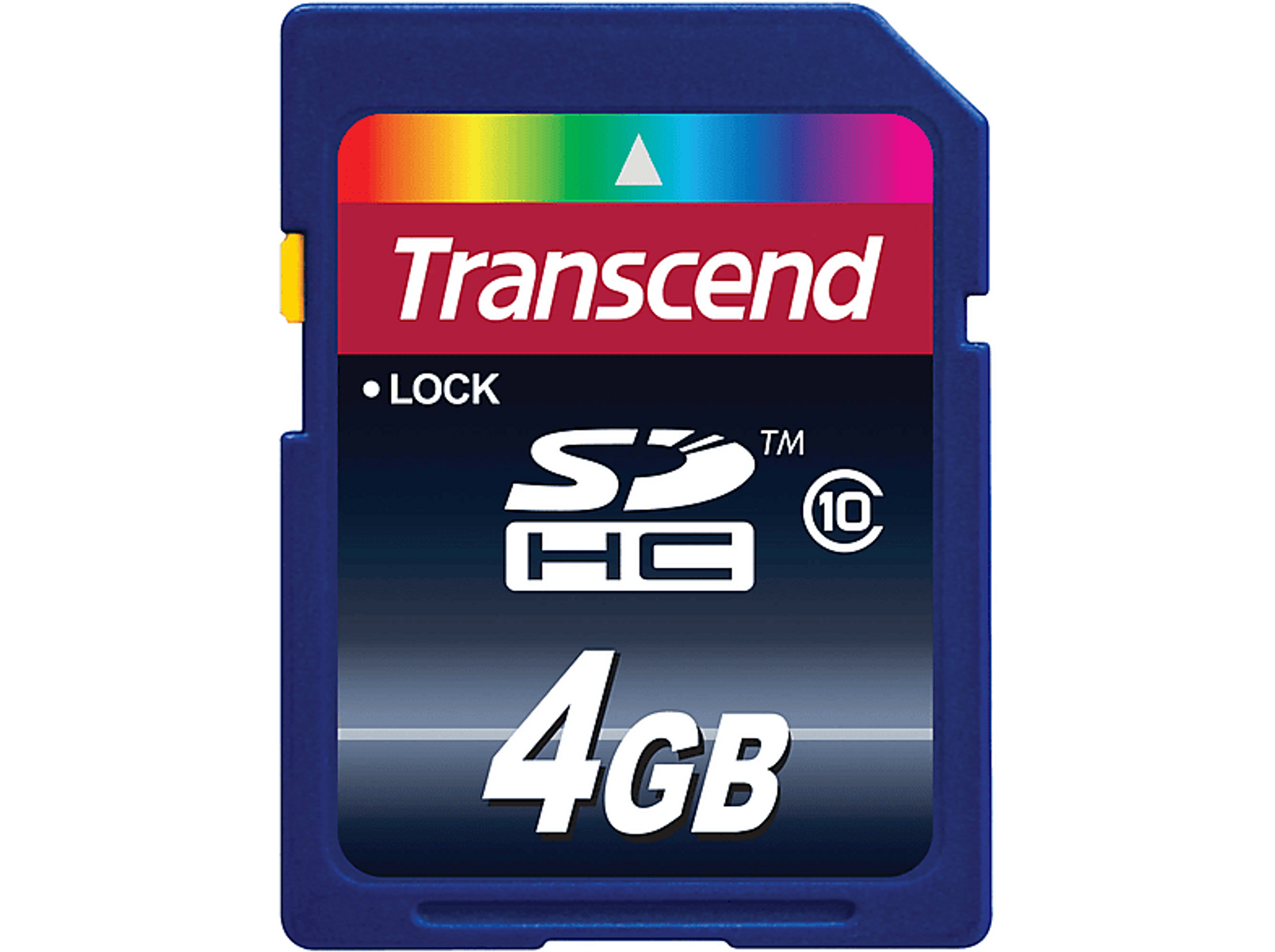Blaue SDHC-Speicherkarte von Transcend. Sie hat ein rotes Etikett mit Text und einen Verriegelungsschalter.