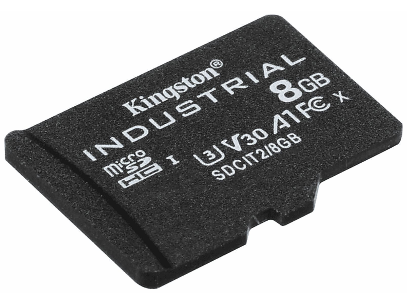 Schwarze Kingston 8GB Micro SD-Karte. Weißer Text. Grauer Rand.