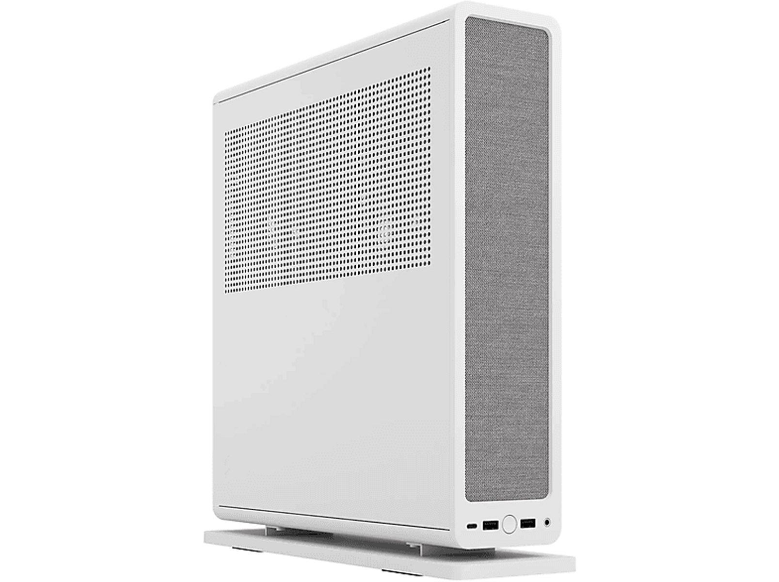 White computer case. Perforated side panel, fabric side, and a few ports. White backdrop.
