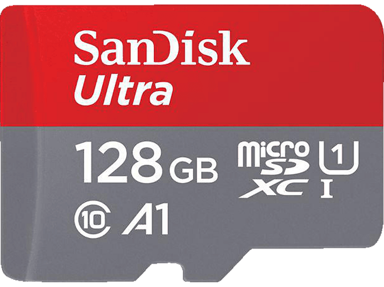 SanDisk Ultra microSD-Karte, rot und grau, mit Text und Logo.