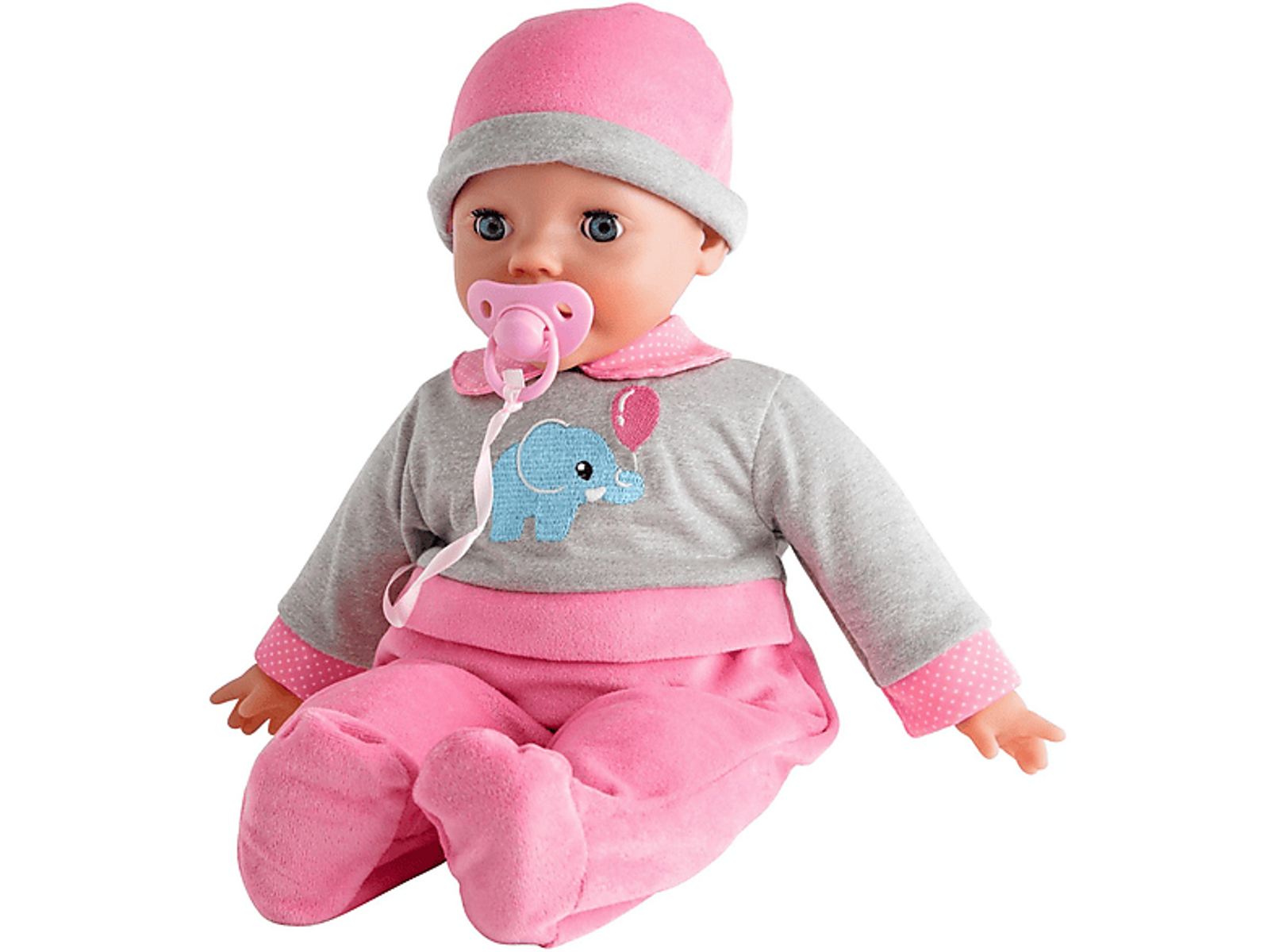 Babypuppe mit rosa-grauem Outfit und Schnuller. Sitzend, Hände ausgestreckt, nach vorne blickend.