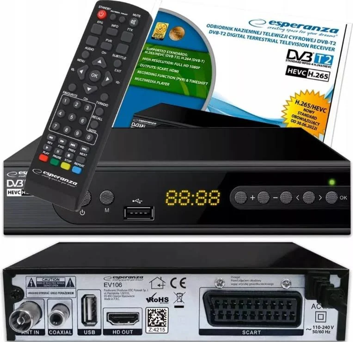 Ein schwarzer digitaler TV-Receiver mit Fernbedienung, DVD und Rückansicht.