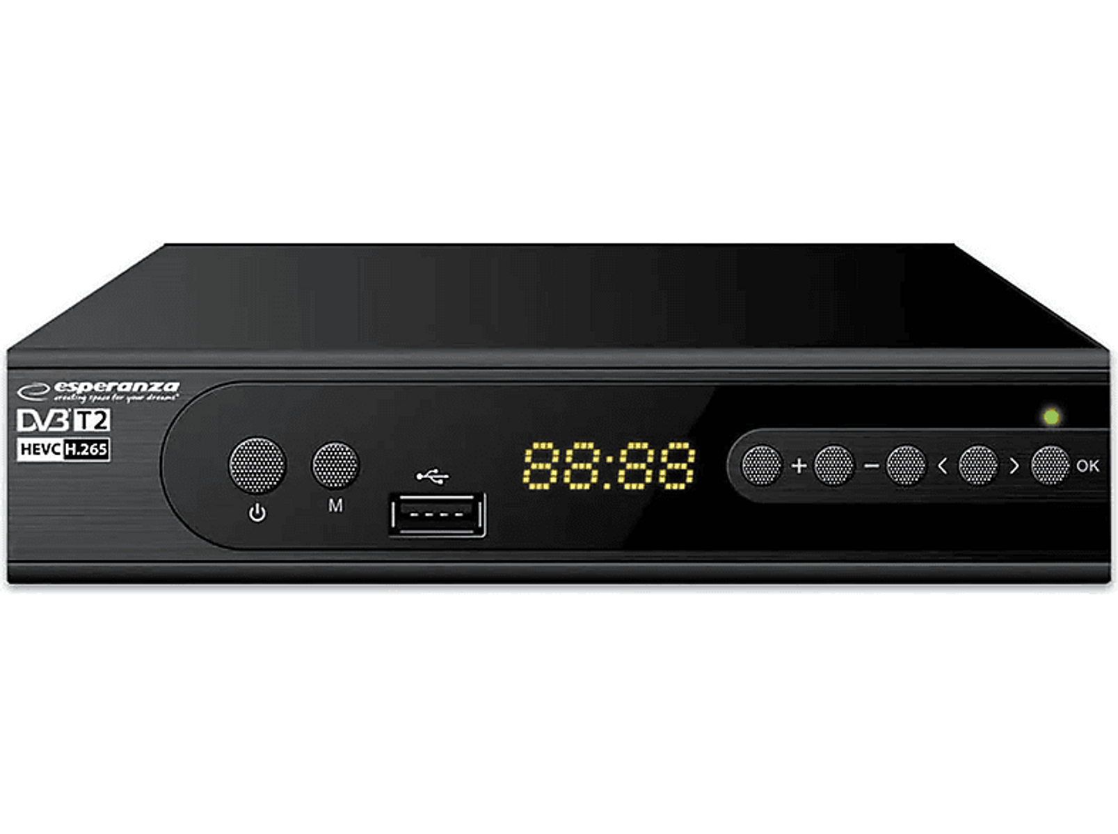 Eine schwarze Esperanza DVB T2 Set-Top-Box mit Display, das '88:88' anzeigt, und Tasten.