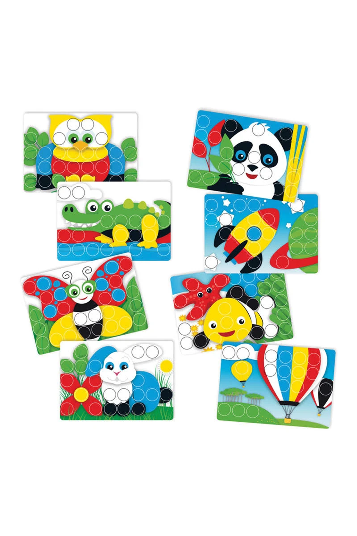 Bunte Puzzleteile mit verschiedenen Tier- und Objektmotiven für Kinder. Panda, Rakete, Schmetterling.