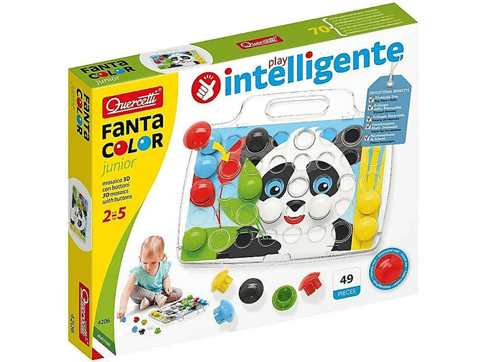 Eine Box mit einem Panda-Puzzle. Ein kleines Mädchen spielt mit ähnlichen bunten Knöpfen.
