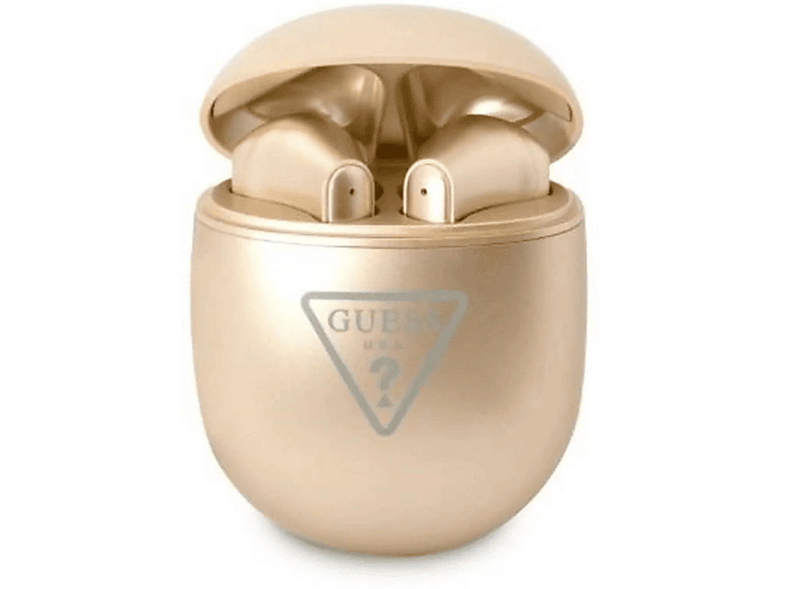 Goldene Ohrhörer in einem Etui. Das Etui ist geöffnet. Guess USA-Logo sichtbar.