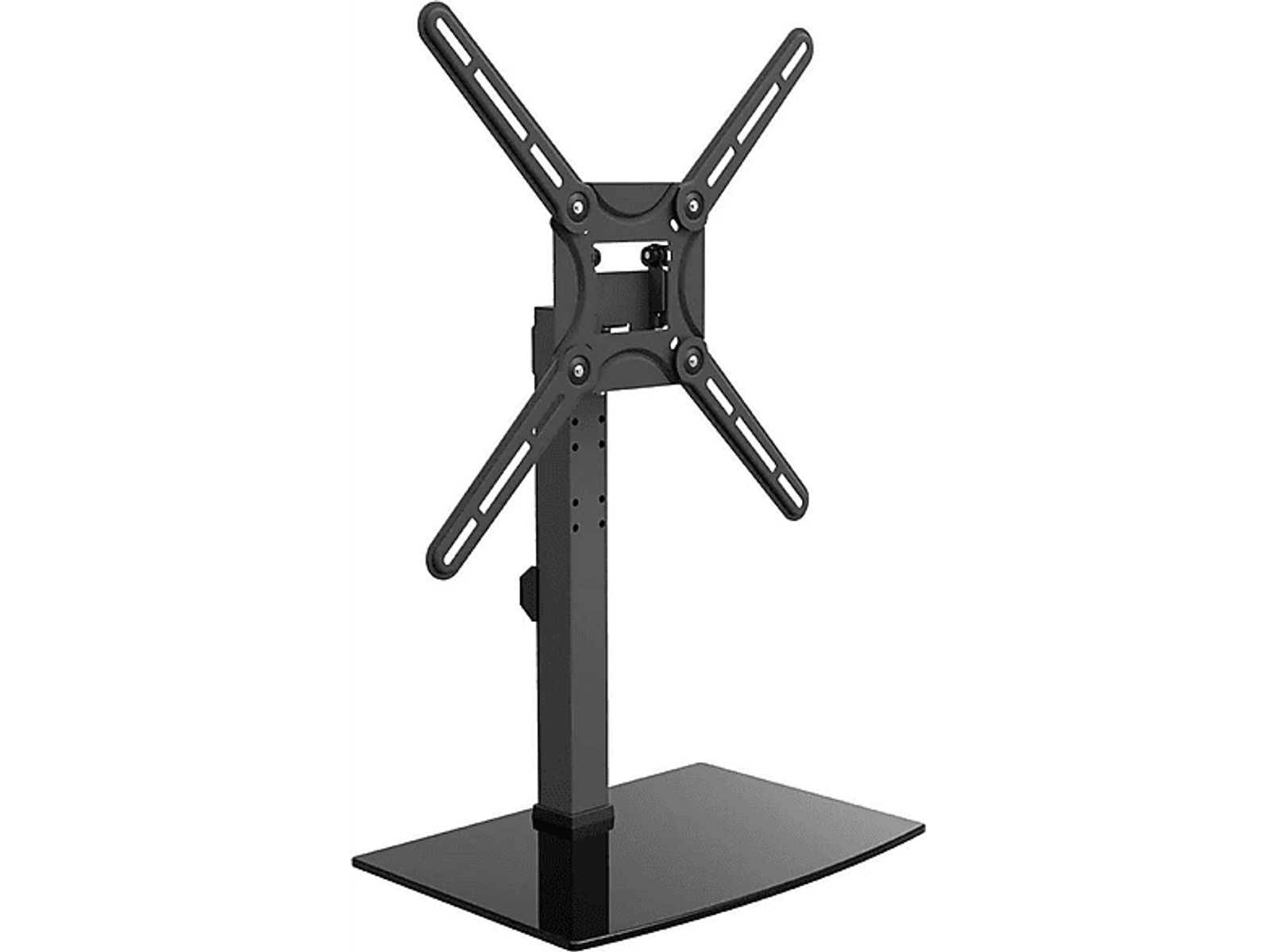 Black TV stand with a glass base. Black background.