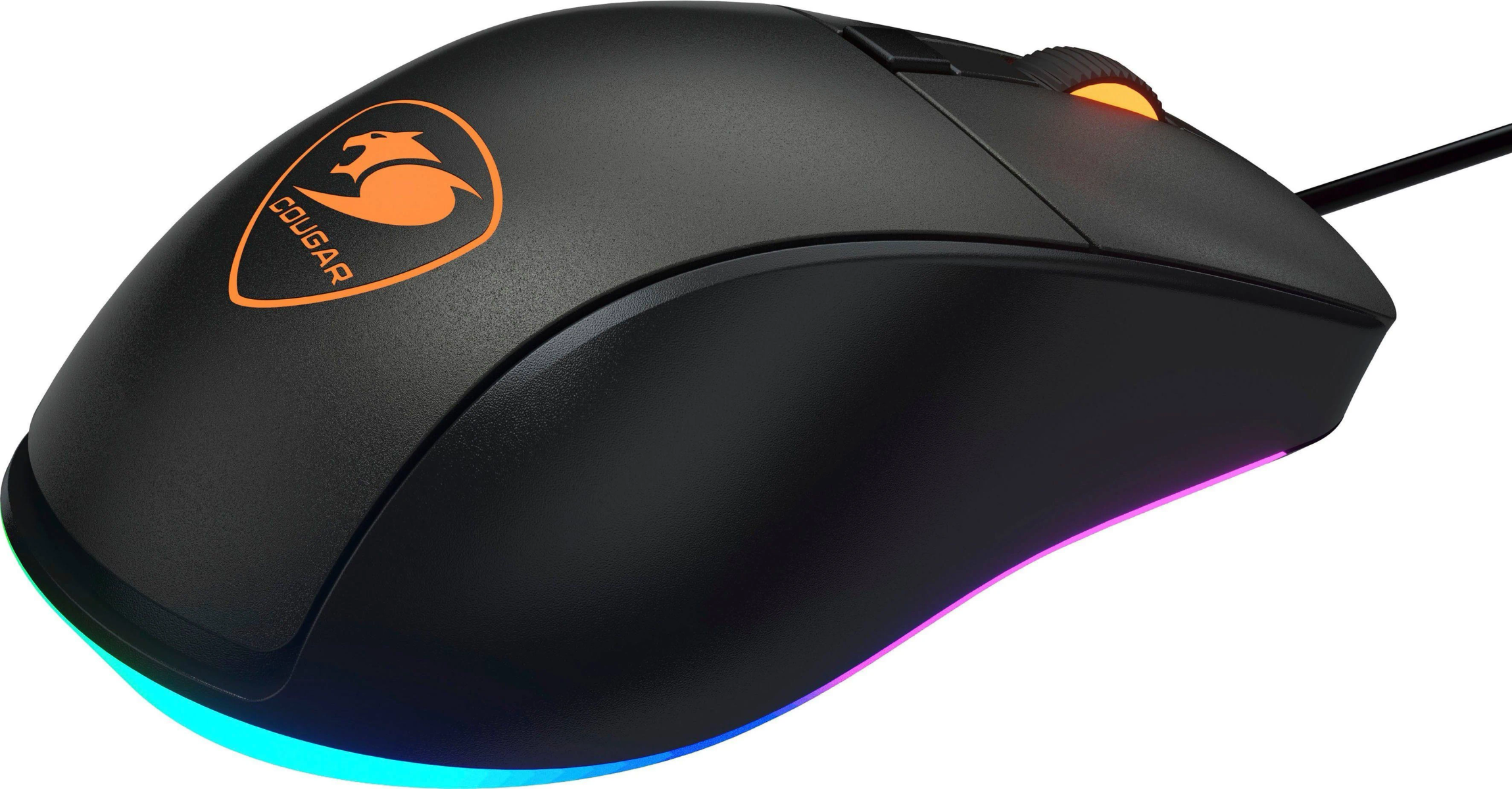 Un ratón gaming Cougar negro con logo naranja y luces coloridas en la parte inferior.