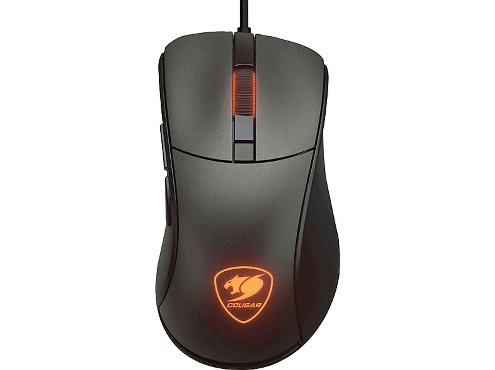 Un ratón gaming Cougar negro con iluminación naranja en el logo y la rueda de desplazamiento, sobre fondo negro.