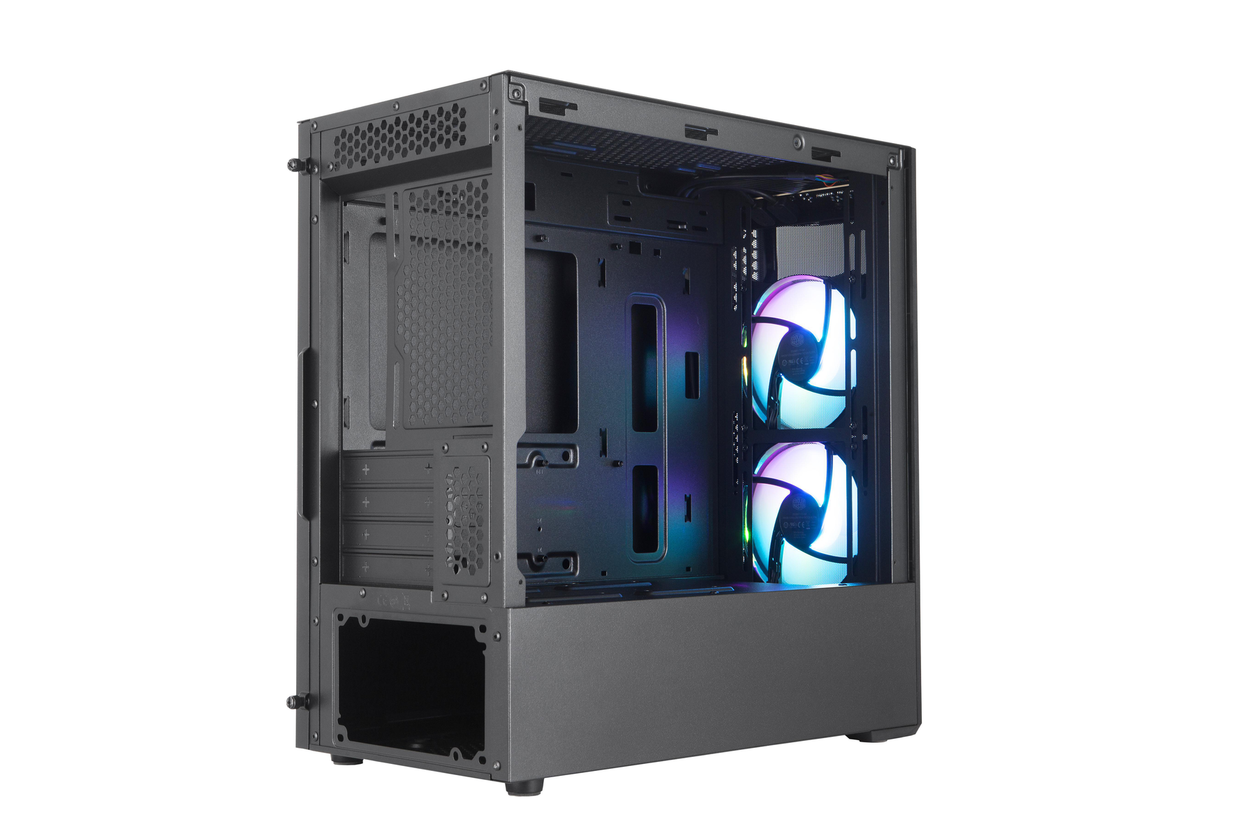 Case per computer nero, aperto per mostrare le ventole con luci colorate.