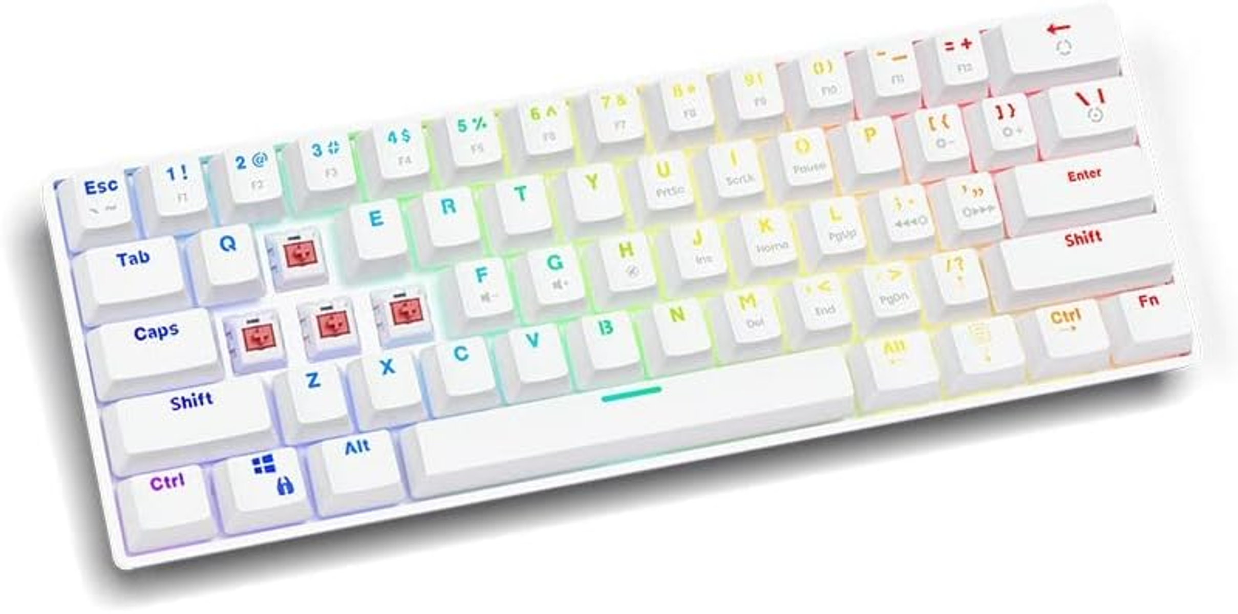 Eine weiße, kompakte mechanische Tastatur mit Regenbogen-Hintergrundbeleuchtung. Tasten sind beschriftet.