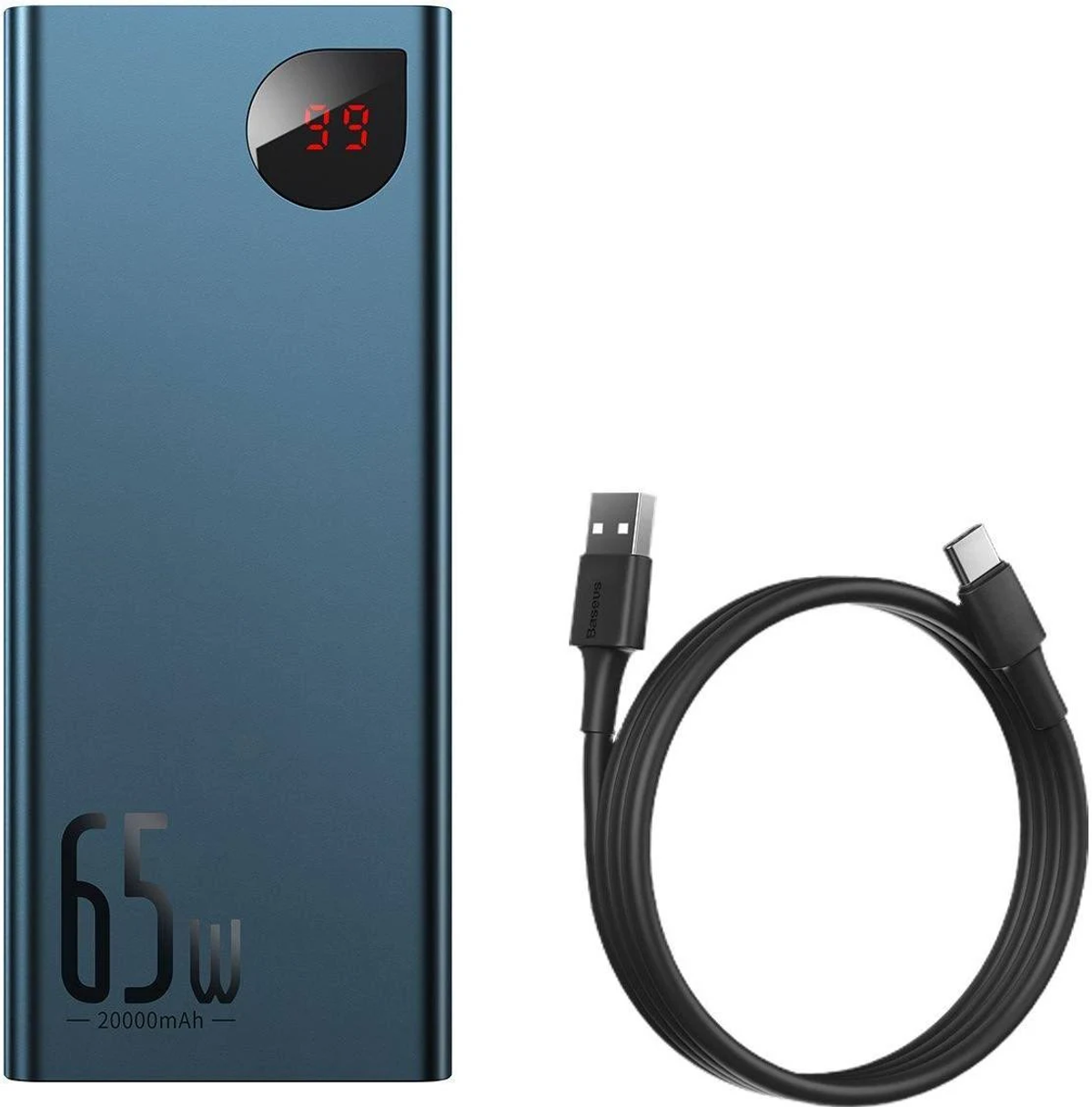 Power bank blu da 65 W con un cavo USB nero.