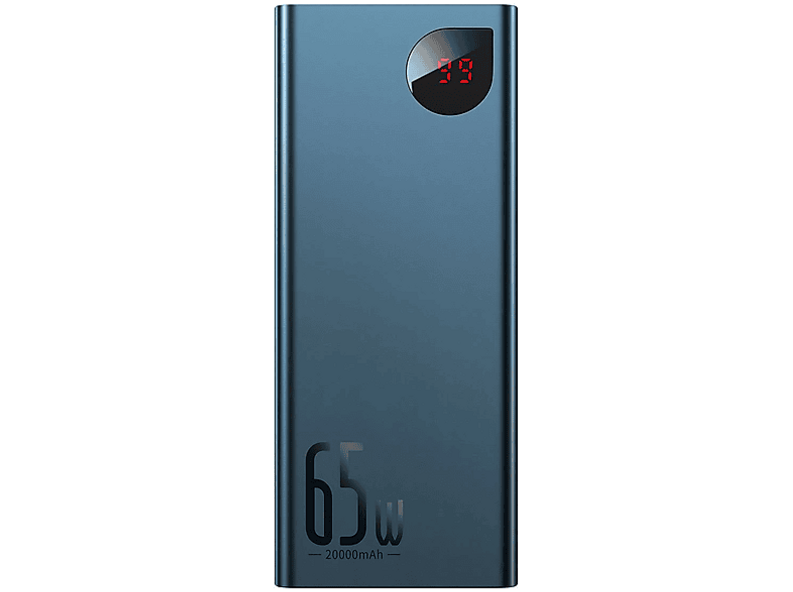 Power bank blu con display che mostra 79. Visibile anche il testo "65w - 20000mAh".