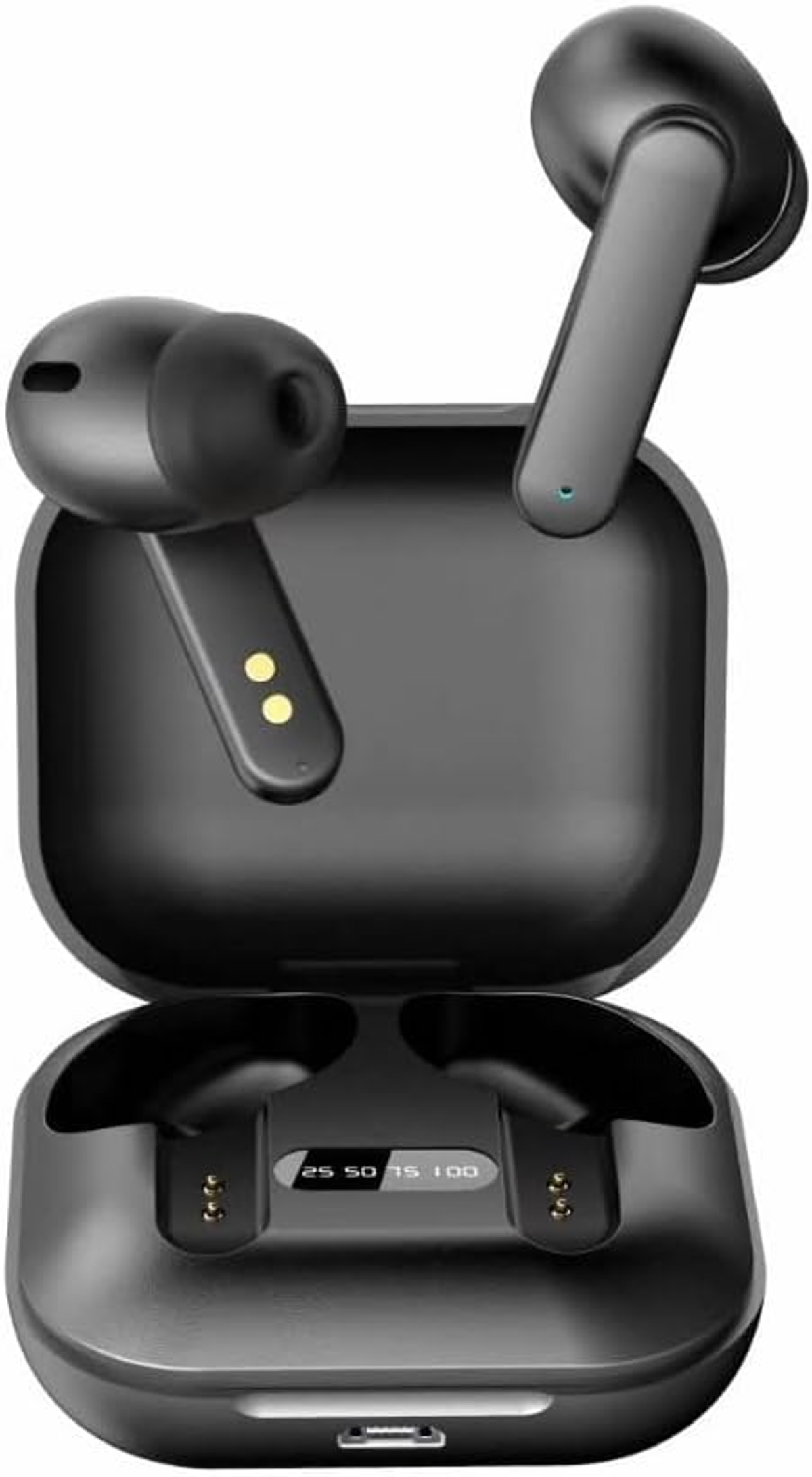 Auricolari wireless neri nella loro custodia di ricarica. La custodia mostra la percentuale di batteria.