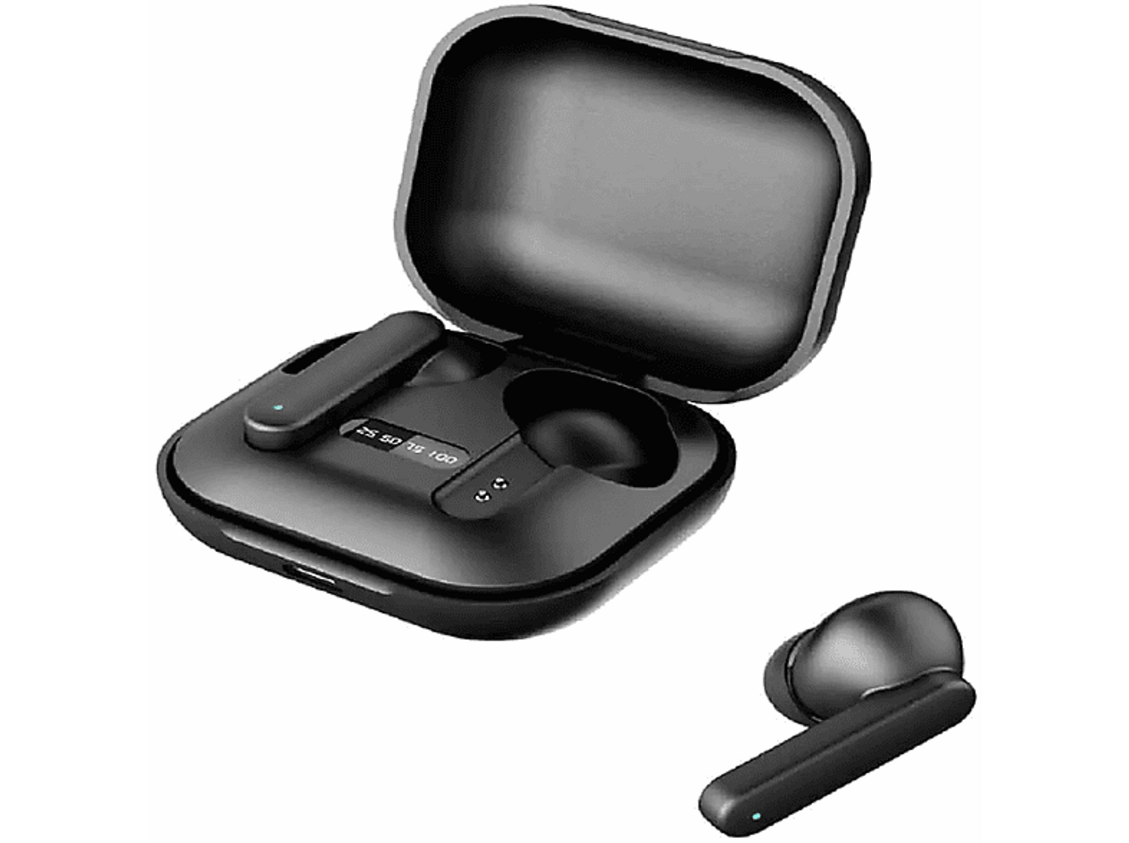 Auricolari wireless neri e custodia di ricarica, con coperchio aperto che mostra i livelli della batteria.