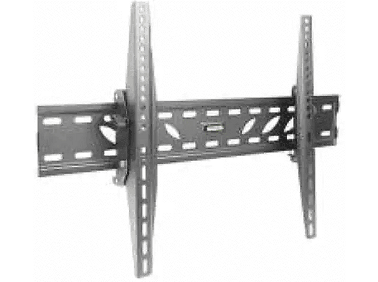 Schwarze und graue TV-Wandhalterung aus Metall. Horizontale Montageleiste mit vertikalen Montagearmen.