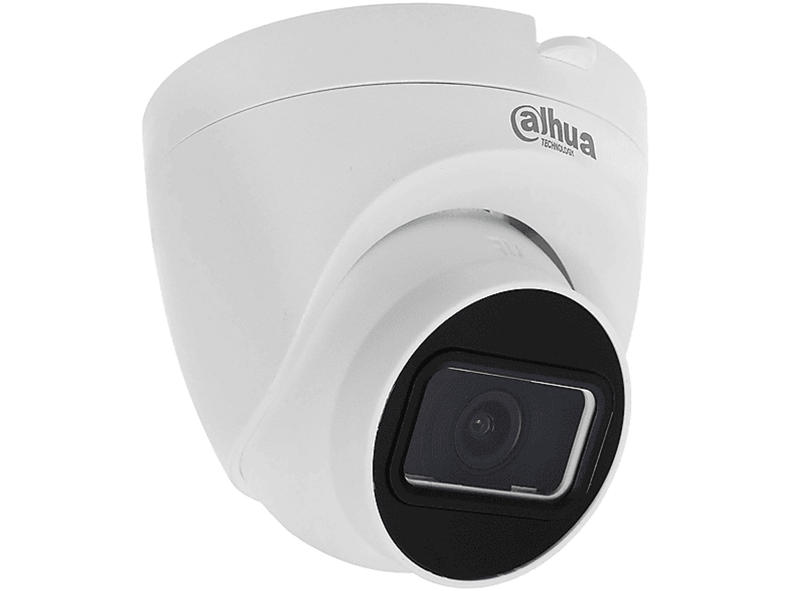 Telecamera di sicurezza Dahua bianca con obiettivo nero e forma arrotondata. Su sfondo bianco.