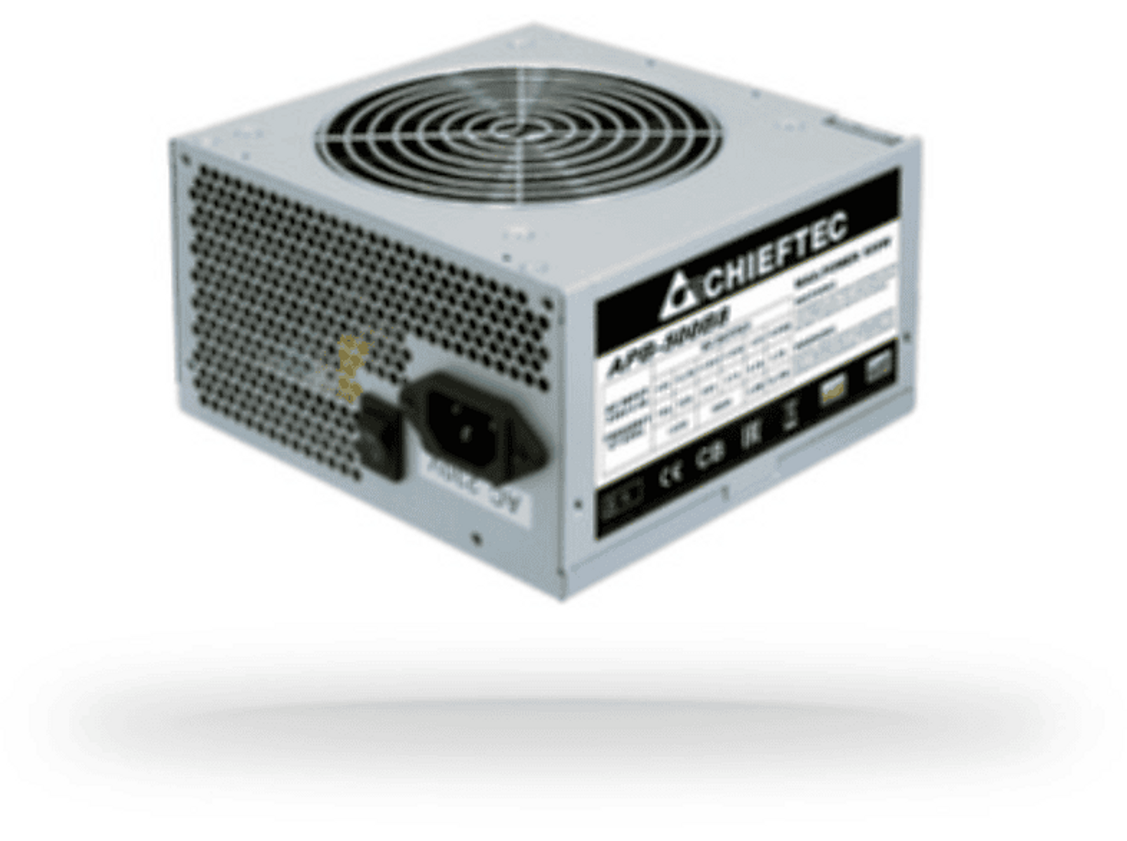 Srebrny zasilacz komputerowy z wentylatorem.