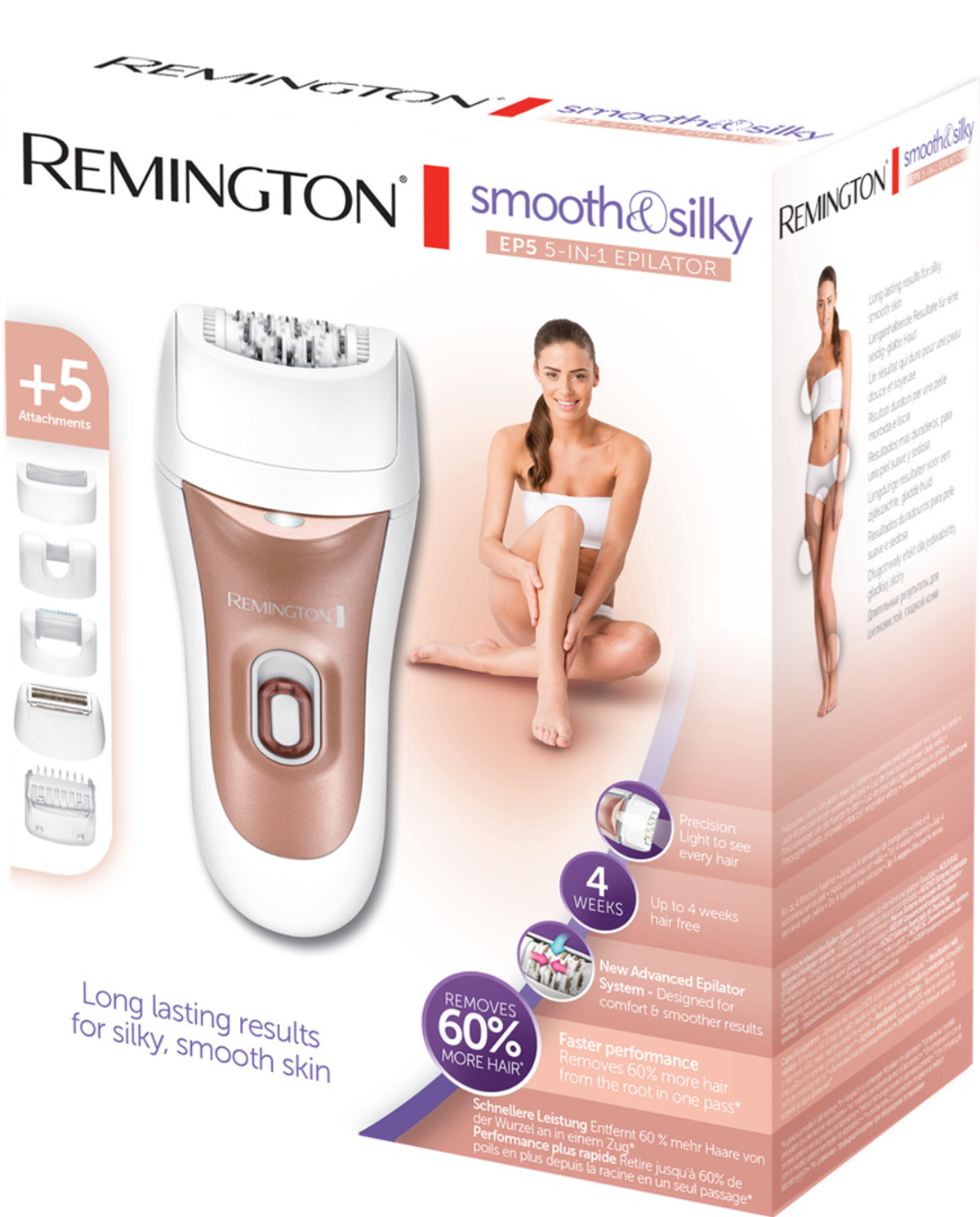 Pudełko depilatora Remington z kobietą i akcesoriami. Tekst brzmi "smooth & silky".