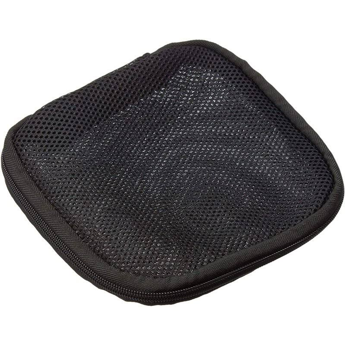 Mała, czarna torba z siatki z zamkiem błyskawicznym na krawędziach.